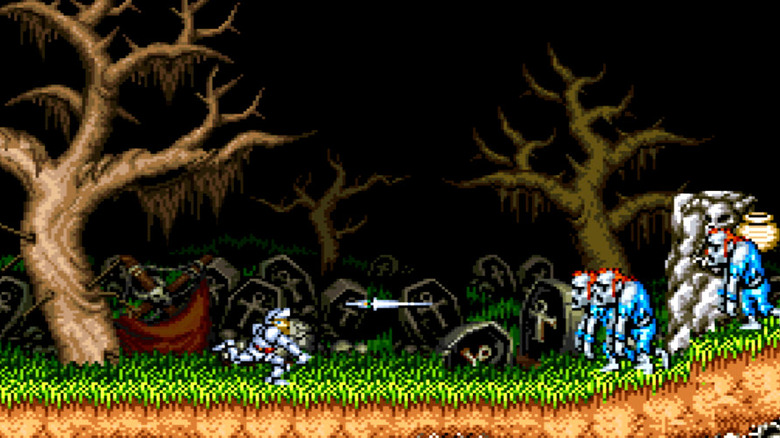 Arthur lándzsát vet az előrenyomuló zombikra "Super Ghouls 'n Ghosts" (1991)