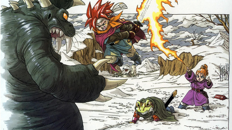 Crono, Frog és Marle megtámad egy nagy szörnyet az észak-amerikai borítón 