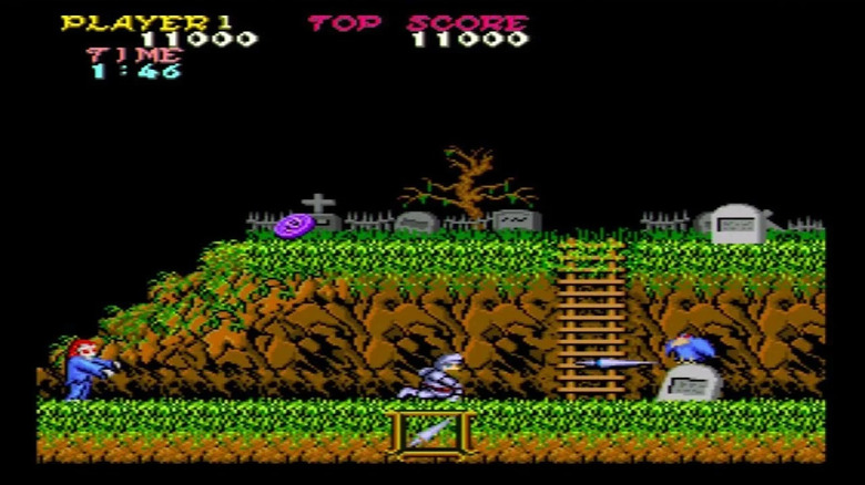 Arthur lándzsával rádob egy varjúra, miközben egy zombi sétál mögötte a Ghosts 'n Goblins-ben