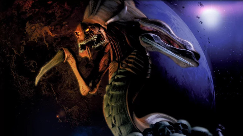 Egy zerg ordít egy bolygó előtt a háttérben 