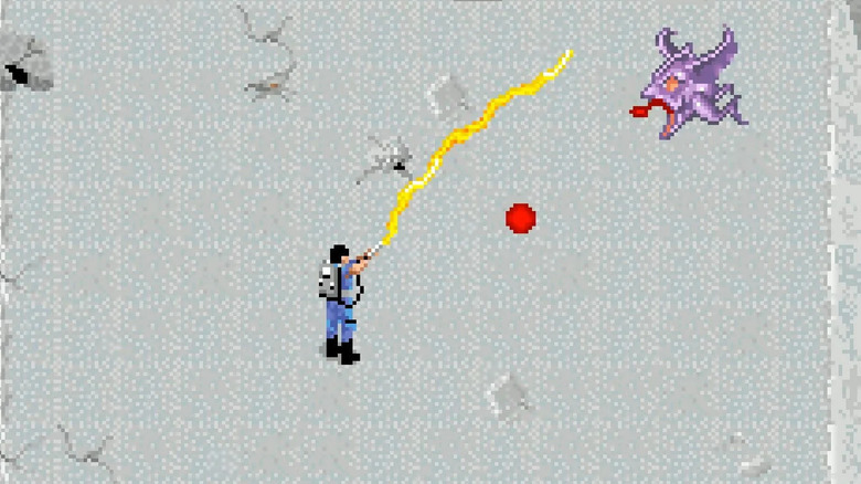 A Szellemirtók protonsugárral lőnek ki egy szárnyas szörnyet a The Real Ghostbusters-ben (1987)