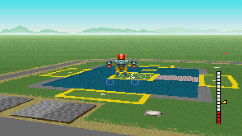 Egy jetpacket viselő pilóta közeledik egy repülőterhez Pilotwingsben