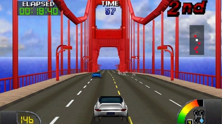Egy ezüst autó átkel a Golden Gate hídon a Cruis'n USA Nintendo 64 verziójában