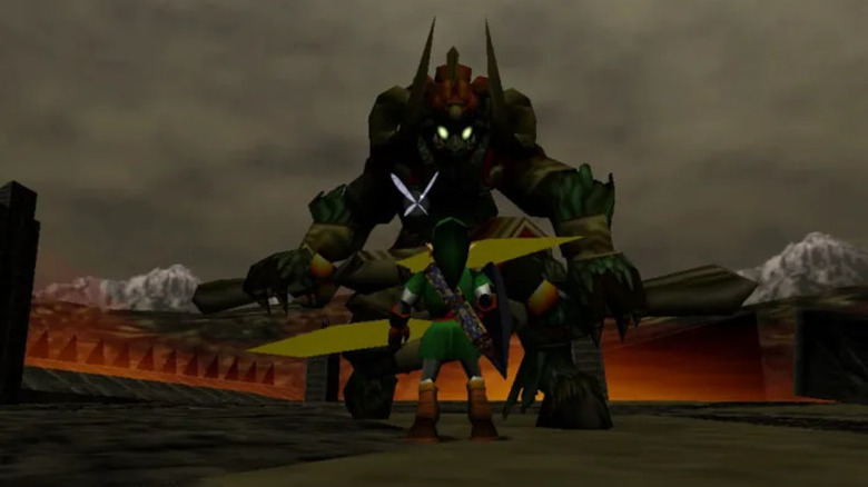 Link és Navi Ganonnal néz szembe egy tüzes csatatéren a The Legend of Zelda: Ocarina of Time-ban