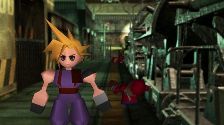A Cloud Strife összetett fogaskerekek és turbinák mellett áll 