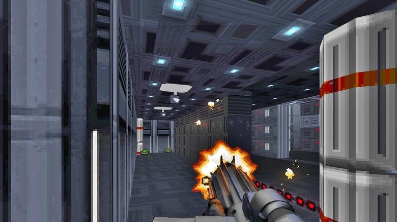 Kyle Katarn a Star Wars: Sötét Erők egyik folyosóján kilövi a robbanót