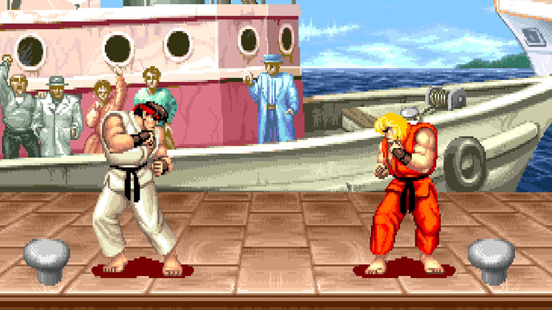 Ryu és Ken egymással szemben állnak a dokkban a Street Fighter II: The World Warriorban