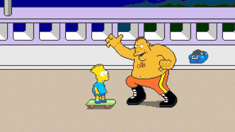 Bart Simpson egy termetes félmeztelen férfi gördeszkáján ül a Simpson családban