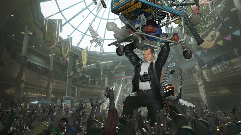Frank West fegyverekkel teli bevásárlókocsit emel egy zombihorda fölé egy bevásárlóközpontban a Dead Rising Deluxe Remaster borítóján.