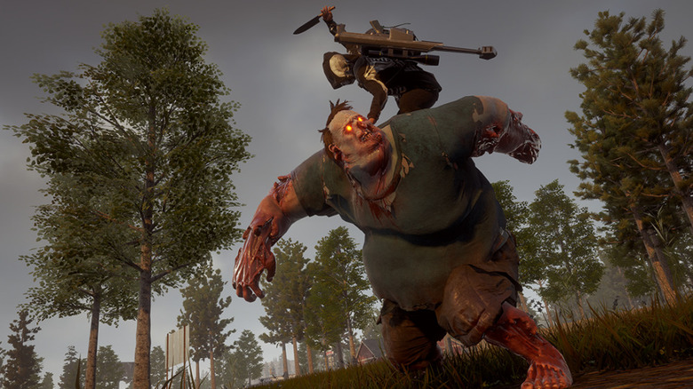 Egy játékos karakter felmászik egy nagy zombi hátára, és arra készül, hogy leszúrja a State of Decay 2-ben