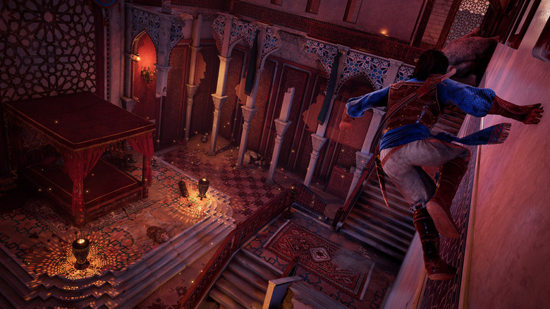 A herceg egy díszes hálószoba fölött fut a Prince of Persia: The Sands of Time-ban