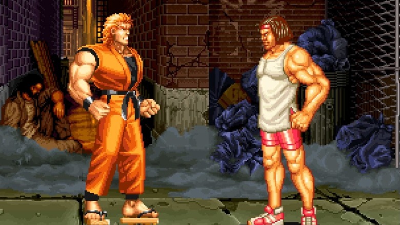 Ryo Sakazaki Mickey-vel néz szembe egy füstös sikátorban az Art of Fightingben