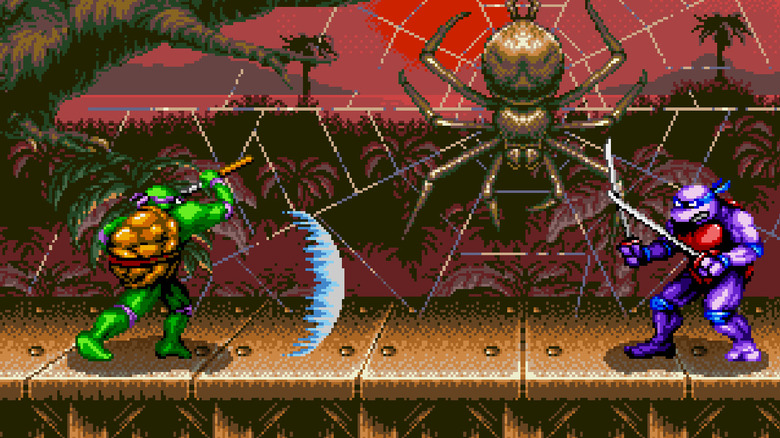 Donatello energiarobbanást lő Leonardora egy dzsungelben, miközben egy óriási pók figyeli a Teenage Mutant Ninja Turtles: Tournament Fighters című filmben