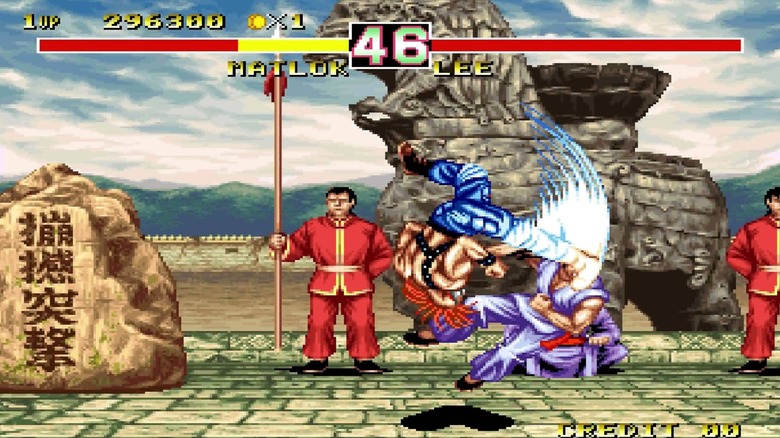 Matlock két őr által megrúgja Lee-t a kínai nagy falon a Fighter's History-ban