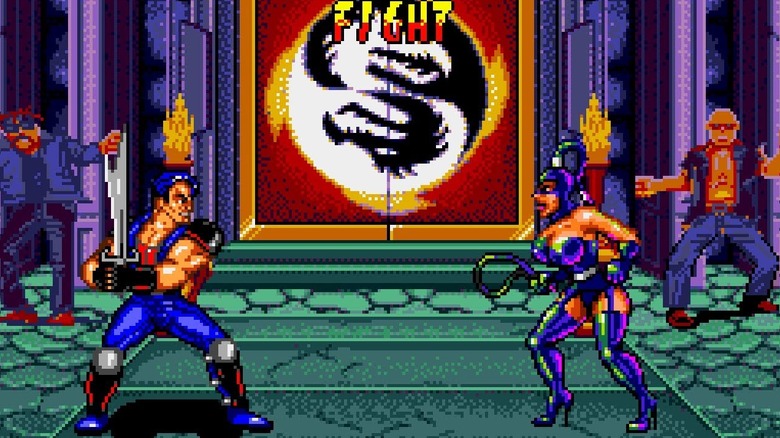 Billy Lee kivont karddal néz szembe Dominique-kal a Double Dragon V: The Shadow Fallsban