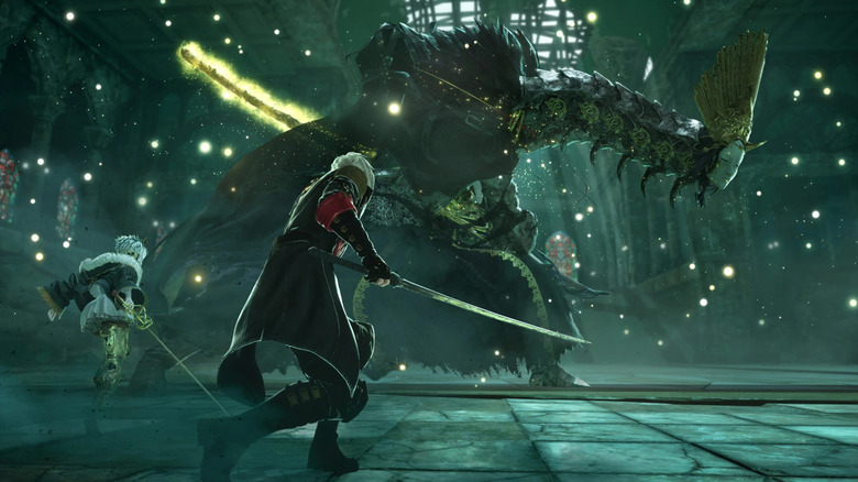 Lou MagMell és a Revenant Hunter egy daruzott nyakú szörnyen halad előre a Code Vein II-ben megrajzolt fegyverekkel.