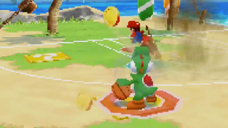 Yoshi Mario Hoops 3 a 3 ellen kosárlabdával közelíti meg a szabaddobás vonalát