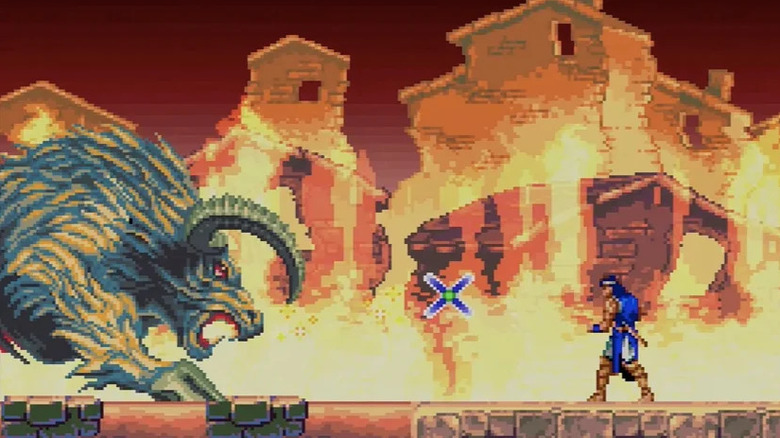 Richter Belmont harci keresztet dob ​​egy kecskedémonra Castlevaniában: Drakula X