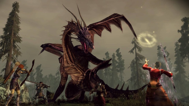 Fantasy hősök egy csoportja megtámad egy nagy sárkányt a Dragon Age: Origins játékban
