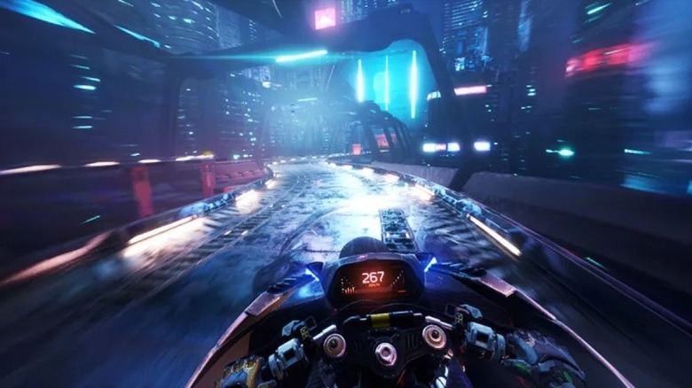 A Ghostrunner 2-ben motorkerékpáron közlekedő játékos karakter
