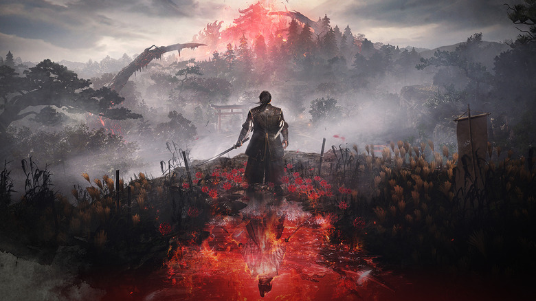 Tokugawa Takechiyo egy kastélyhoz közelít egy vörös energiával izzó erdőben a Nioh 3-ban