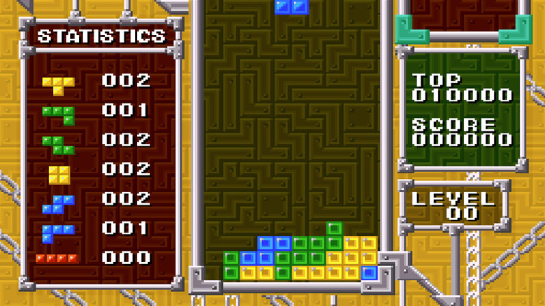 A Tetris blokkok lefelé ereszkednek, ahogy a statisztikákat a Tetris & Dr. Mario bal oldalán összesítik