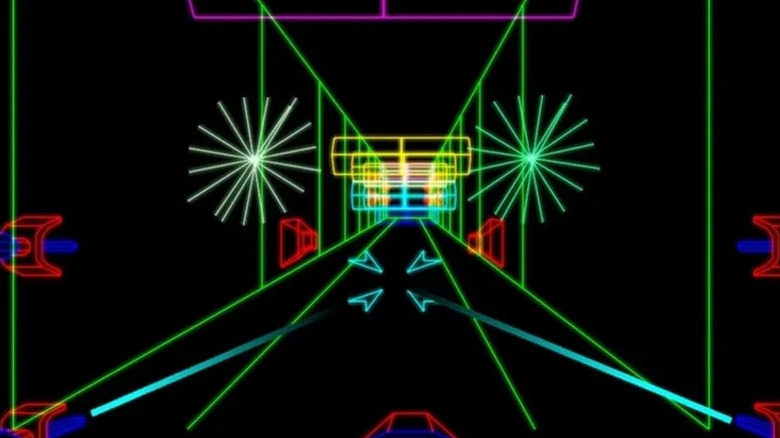 A pilótafülke egy akadályokkal teli és színes árkon néz le a Star Warsban (1983)