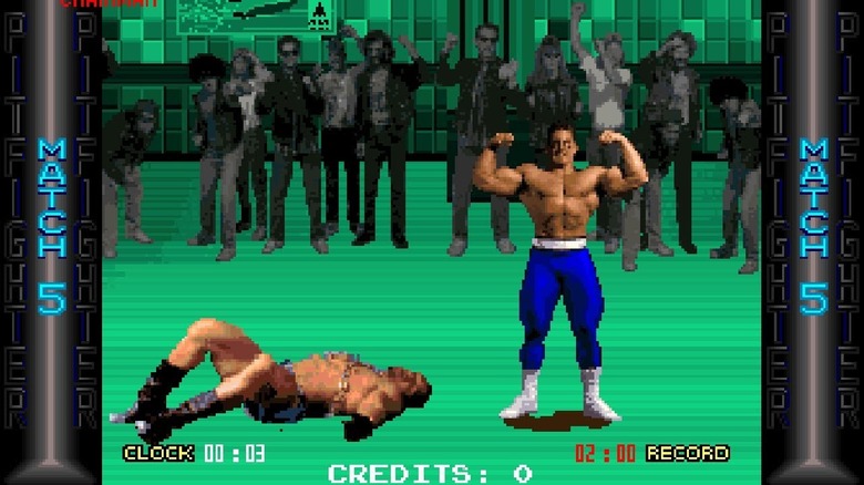 Buzz megfeszíti az izmait a legyőzött láncos Eddie felett a Pit-Fighter imádó tömege előtt