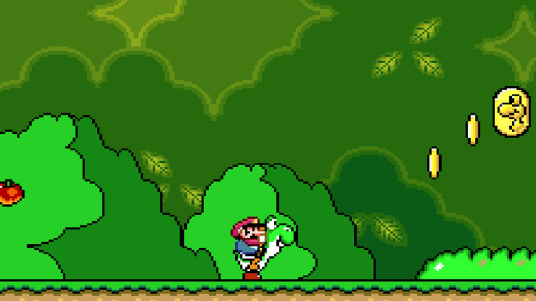 Mario Yoshival átlovagol egy erdőn keresztül a Super Mario Worldben