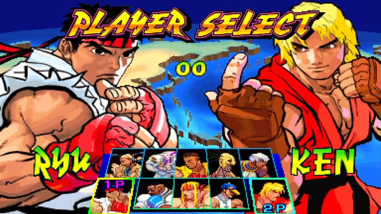 Ryu és Ken a Street Fighter III: New Generation játékosválasztó képernyőjén vannak kiválasztva