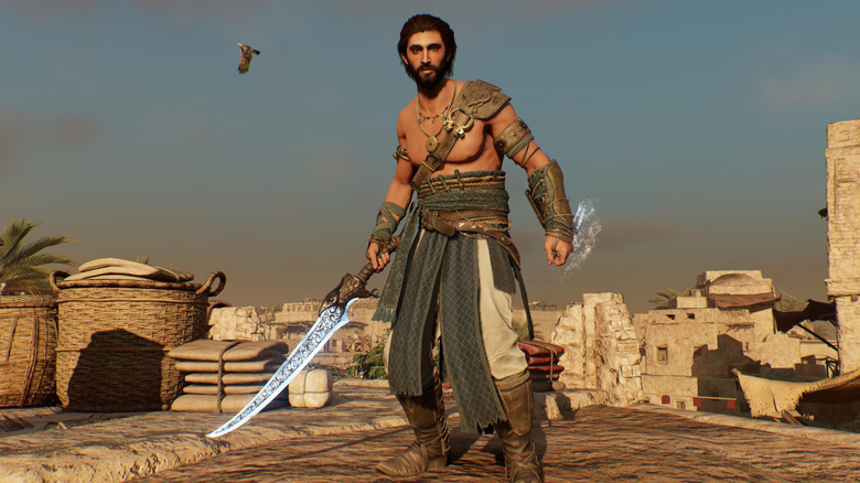 Basim Ibn Ishaq egy tetőn áll Persia hercege ihlette ruhában az Assassin's Creed Mirage-ban