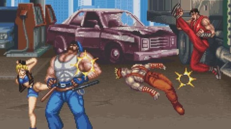 Lucia és Guy rosszfiúkat rúgnak egy elhagyott benzinkútnál a Final Fight 3-ban
