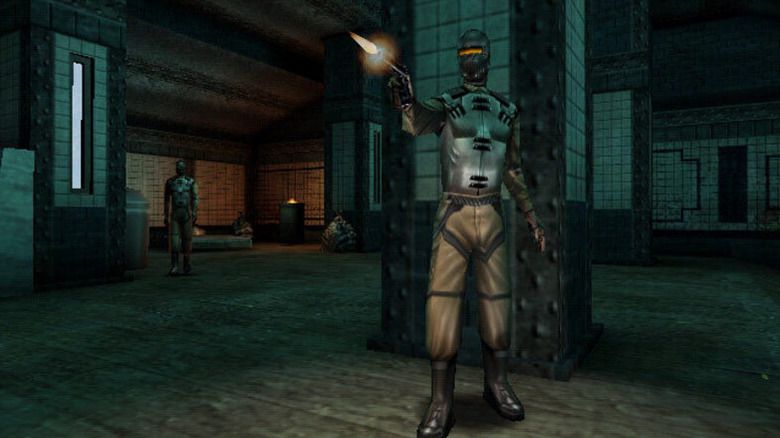 Egy páncélos katona pisztolyt lő a Deus Ex-ben