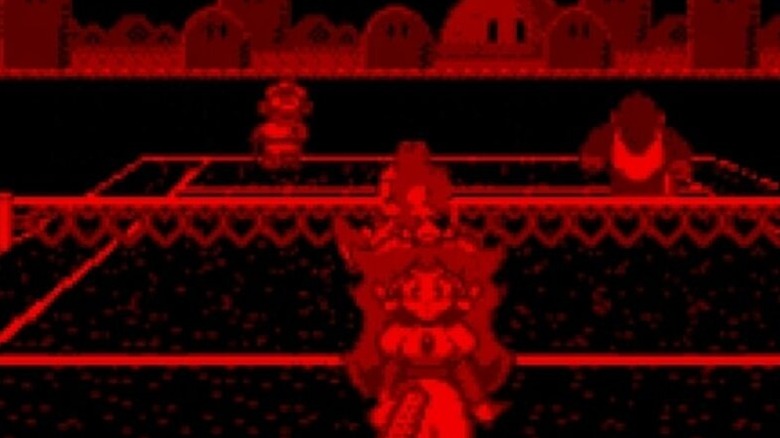 Peach elsétál a teniszhálótól, miközben Yoshi Donkey Kong Jr.-vel és Luigival néz szembe Mario's Tennisben
