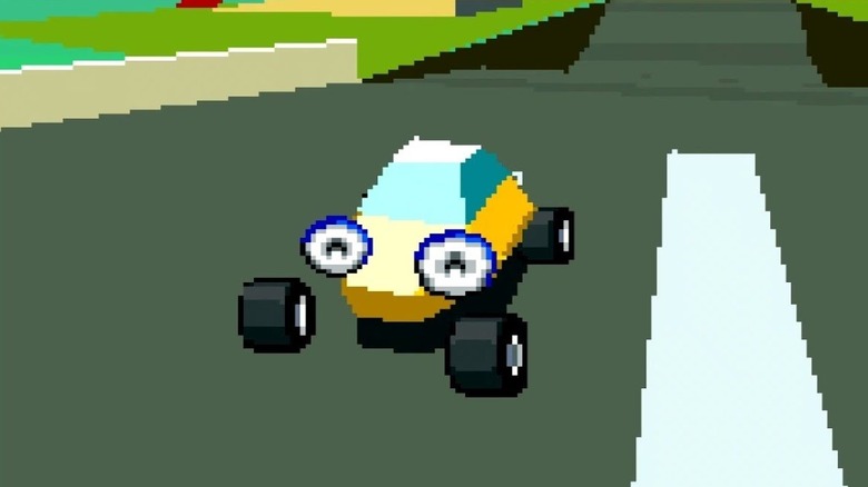 Egy sárga szemű autó halad egy úton a Stunt Race FX-ben