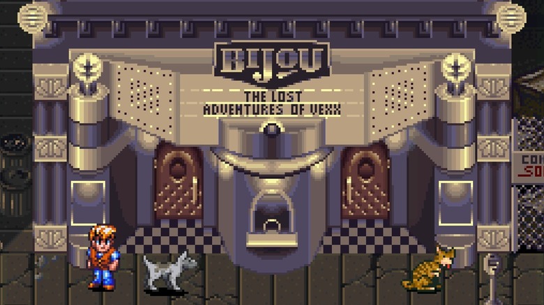 Egy fiú és a kutyája a mozi előtt a Secret of Evermore-ban