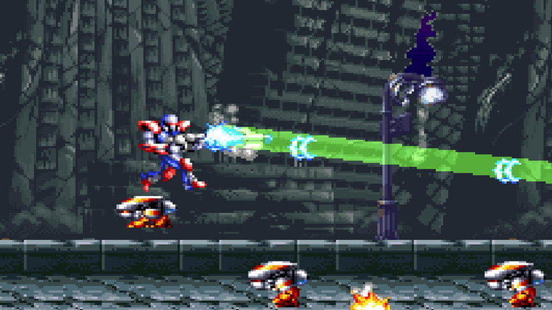 A játékos karaktere nagy zöld sugarat lő ki, miközben robotokon ugrik át a Super Turrican 2-ben