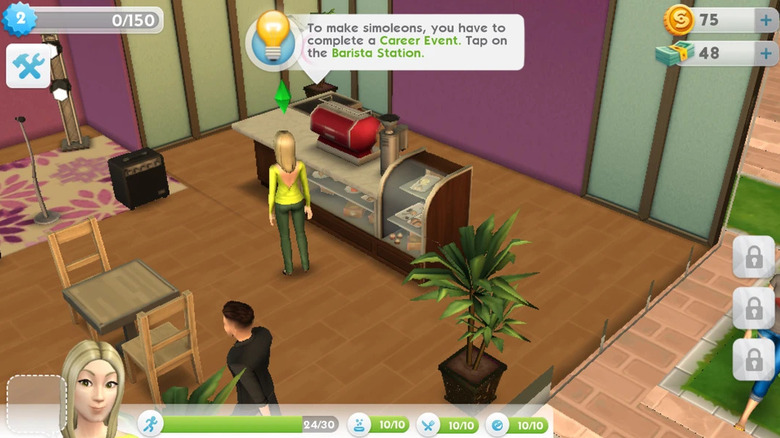 Egy sim besétál a The Sims Mobile kávézójába