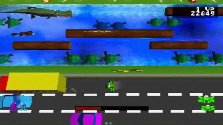 Egy béka mozog egy forgalmas utcán egy folyó mellett, Frogger (1997)
