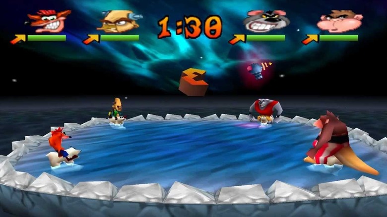 Crash arra készül, hogy meglovagoljon egy jegesmedvét négy másik karakternél egy jeges hegy tetején a Crash Bash-ban