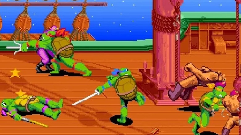 A Teenage Mutant Ninja Turtles gyalogos katonákkal harcol egy kalózhajón a Teenage Mutant Ninja Turtles: Turtles in Time című filmben
