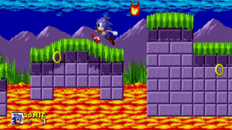 Sonic átfut egy platformon a láva felett a Sonic the Hedgehogban (1991)
