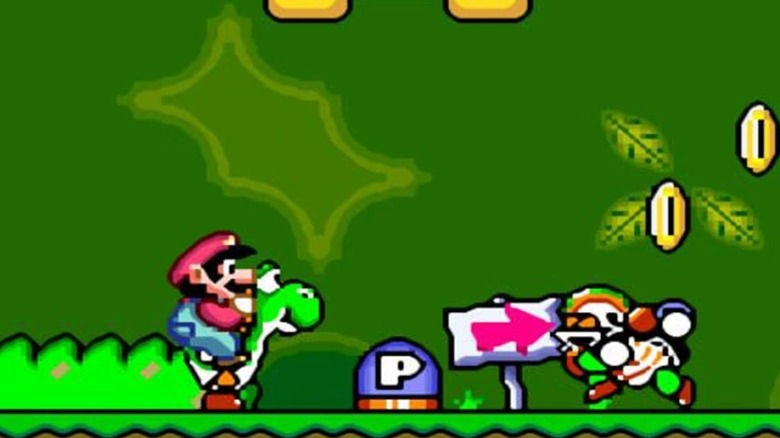 Mario egy Yoshi-n ül, miközben egy Charging Chuck-kal néz szembe a Super Mario Worldben