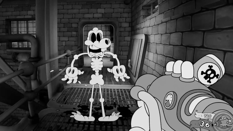 A játékos méregfegyverrel rámutat egy sokkos csontvázra a Mouse: PI for Hire játékban