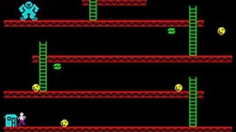 Egy játékos karakter elmenekül egy hordó elől, miközben egy kék gorilla áll fölötte a Killer Kongban