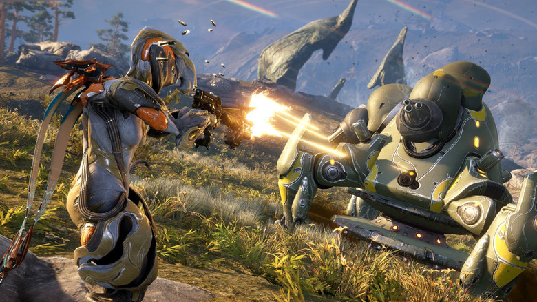 A játékos által irányított Ember keret egy ellenséges tankra lő a Warframe-ben