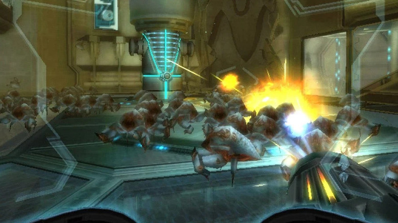 Samus Aran felrobbantja a bejövő szörnyeket a Metroid Prime 3: Corruption játékban