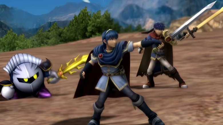 Meta Knight, Marth és Ike felemeli kardját a Super Smash Bros. Brawlban