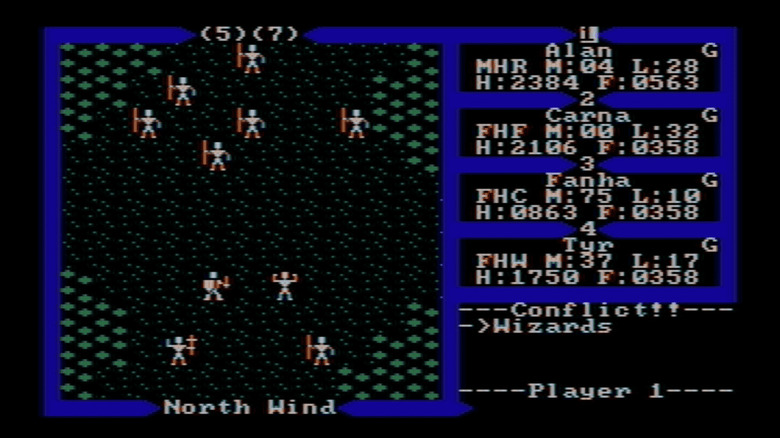 Négy hős halad előre egy fekete-zöld tájon az Ultima III: Exodusban