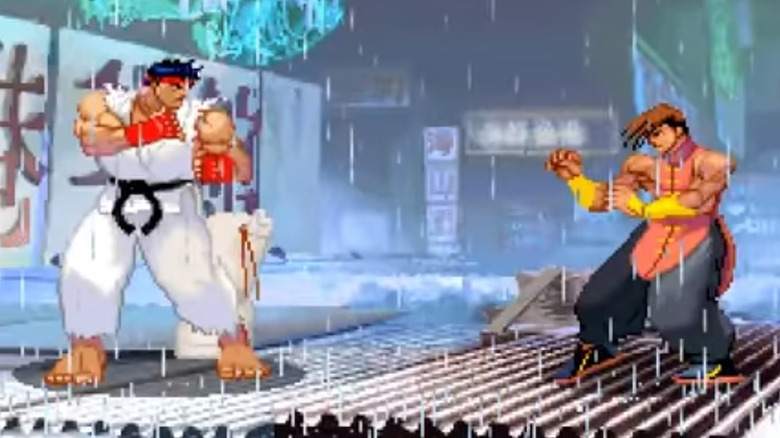 Ryu szembeszáll Yanggal a szakadó esőben a Street Fighter III: Third Strike-ben